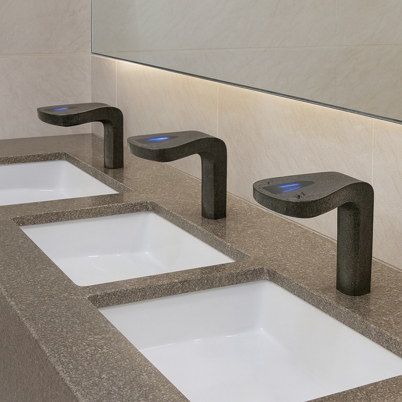 Graphite black LED touchless faucet model installed across a multi-station commercial restroom vanity with rectangular sinks and illuminated mirror backdrop.
